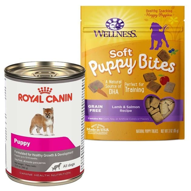 Royal Canin Puppy Canned Food + Wellness Soft Puppy Bites Lamb &  Salmon ...